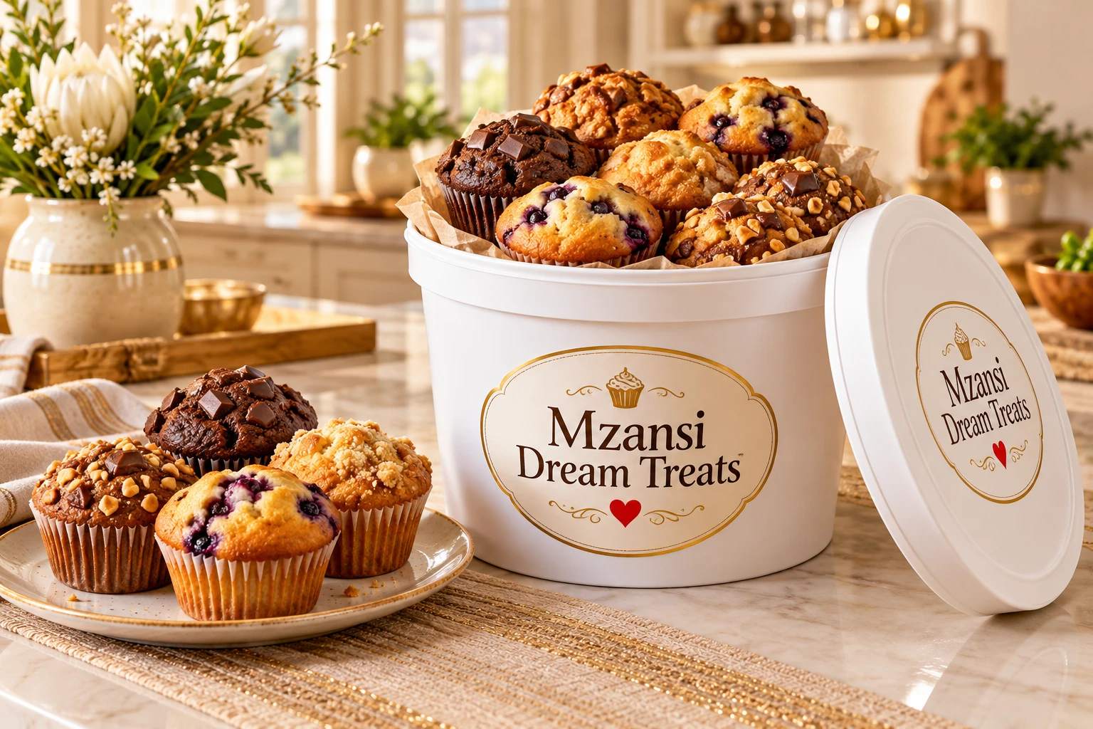 Illustrative branded catering bucket filled with muffins