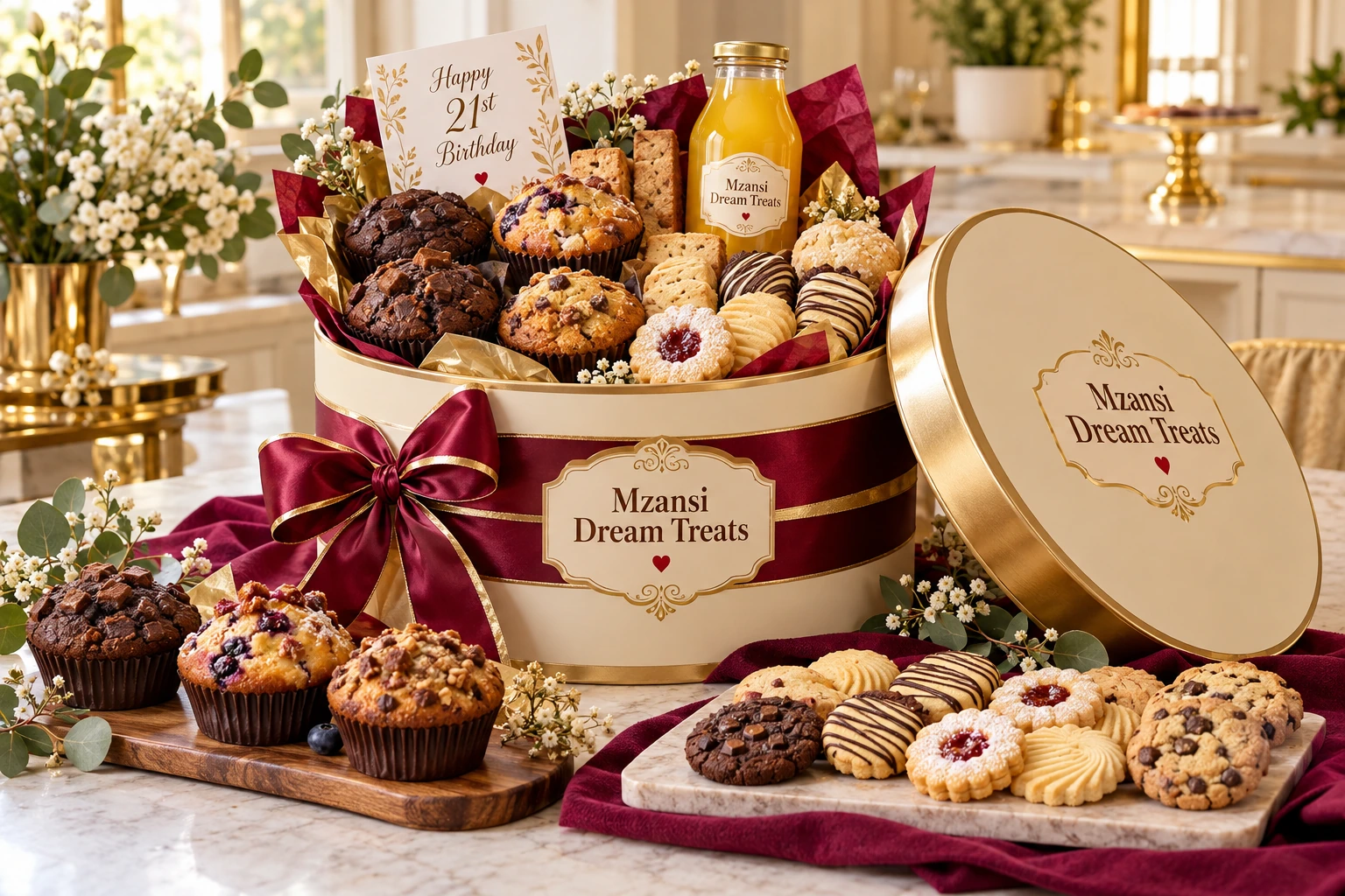 Illustrative branded celebration hamper with baked treats