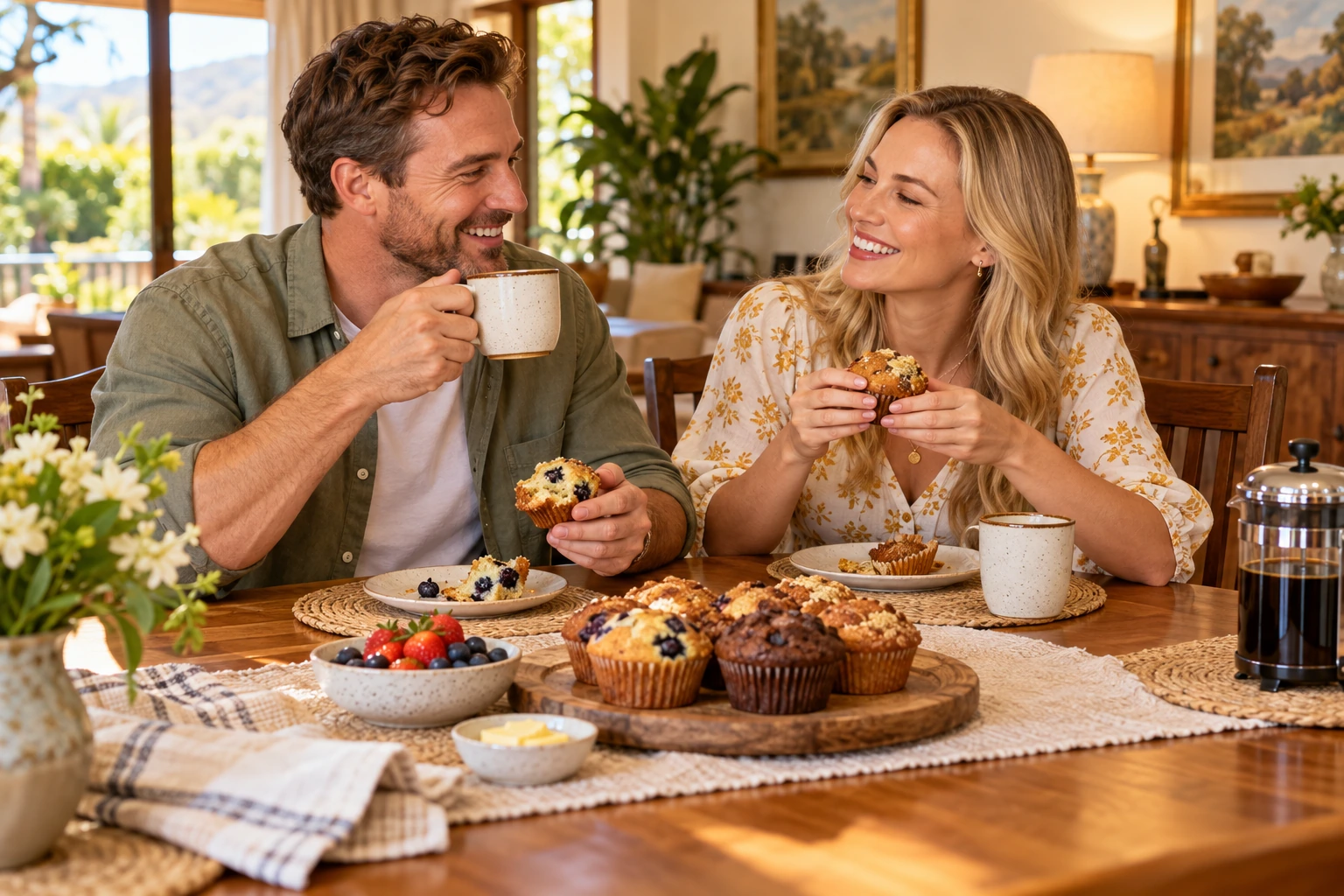 Illustrative scene of a couple sharing muffins and coffee