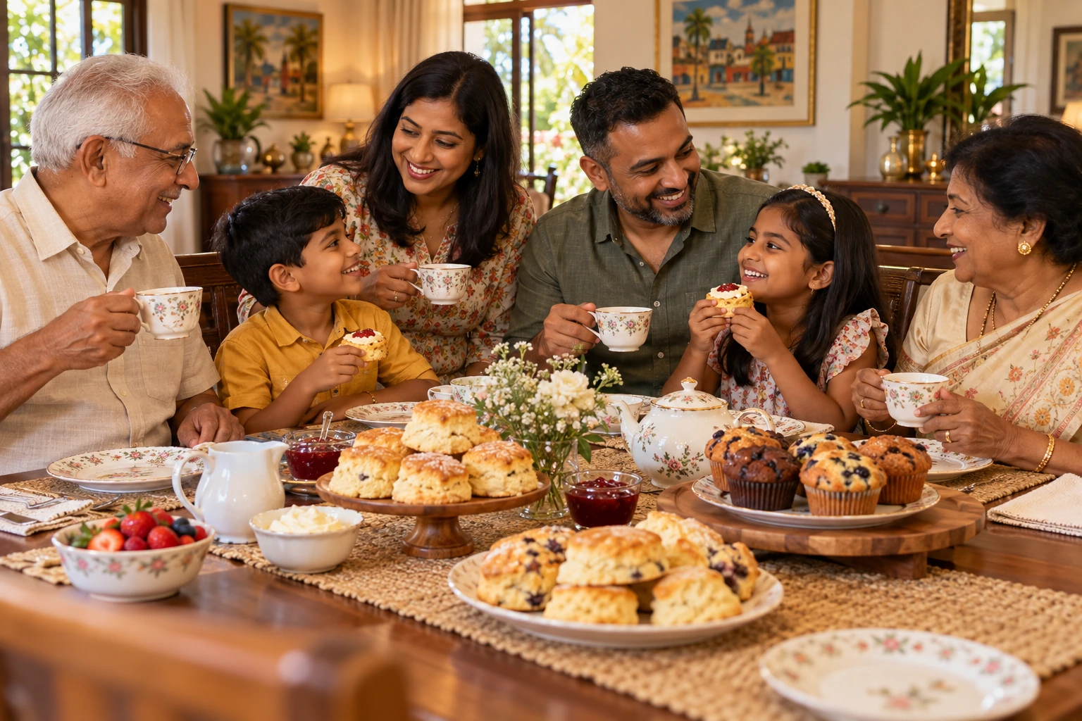 Illustrative scene of a multigenerational family sharing scones and tea