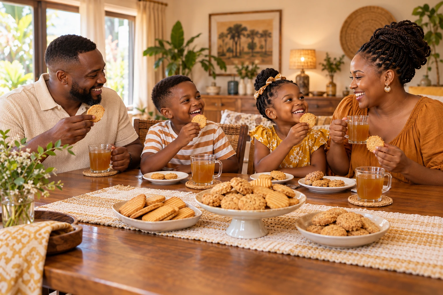 Illustrative scene of a small family sharing biscuits and ginger drink